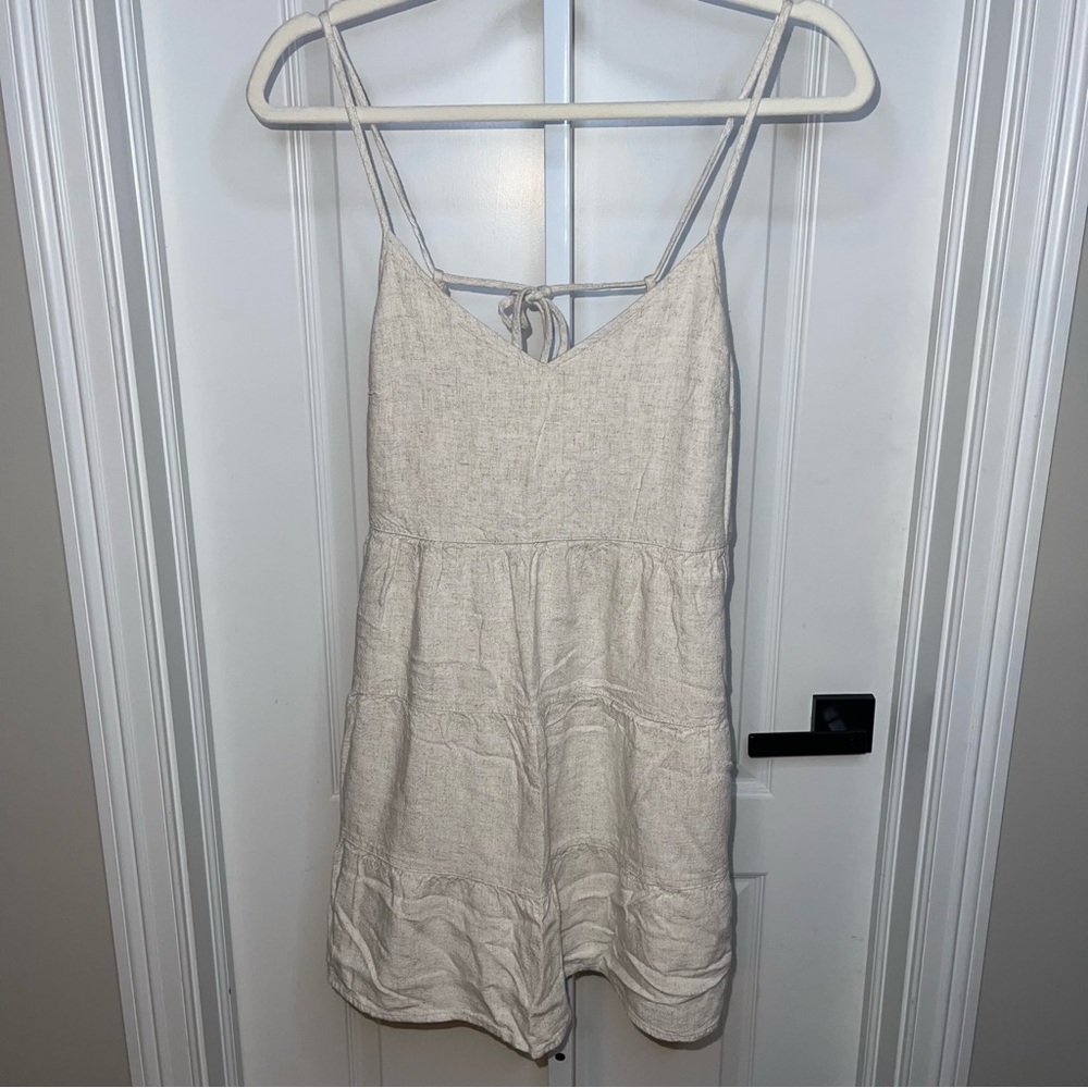 Light Cream Linen-Blend Spaghetti Strap Dress